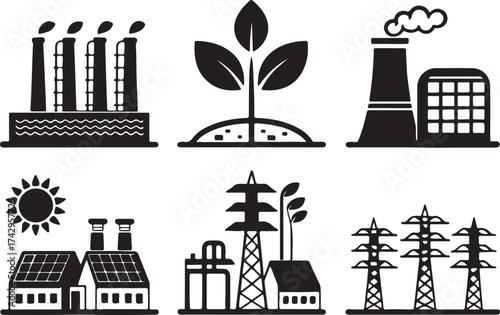 Silhouette icon set of solar powered desalination plants. Vector illustration design