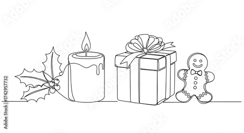 Continuous line art capturing Christmas joy a warm festive candle, traditional holly, a beautifully wrapped gift, and a cheerful gingerbread man. Ideal for elegant holiday season designs