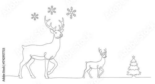 Elegant continuous line art portrays two graceful deer, a parent and child, amidst snowflakes and a tree, creating a serene winter and holiday design