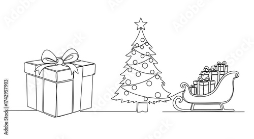 Festive Holiday Illustrations Gift Box, Christmas Tree, and Santa's Sleigh, Black and White Festive Icons for the Season