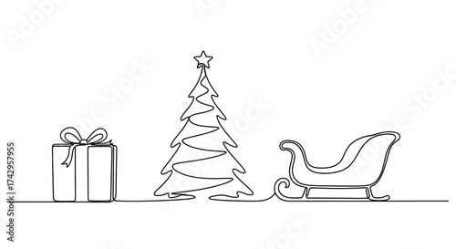 Continuous one line drawing of Christmas symbols including a gift box, a decorated fir tree with a star, and a classic sleigh for a festive holiday concept