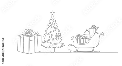 Festive Christmas Line Art A Charming Illustration Featuring a Gift Box, Christmas Tree, and Sleigh Filled with Presents for the Holiday Season
