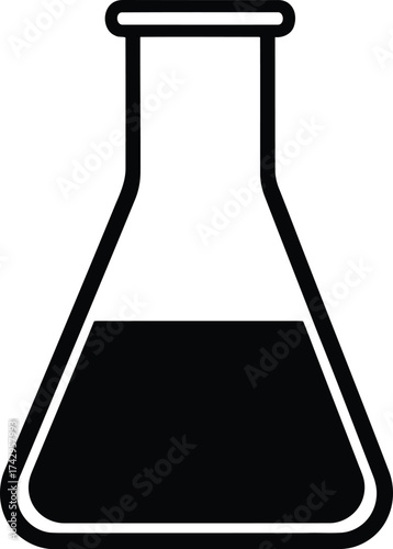 Simple black outline erlenmeyer flask filled with dark liquid chemistry science lab icon vector