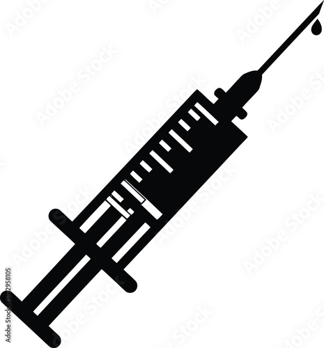 Vector illustration of a syringe needle with droplet medical healthcare drug injection equipment silhouette graphic vector