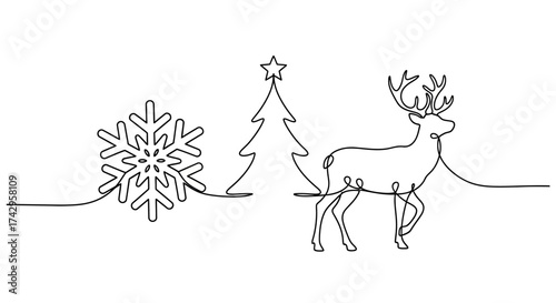 Minimalist continuous line drawing of a snowflake, Christmas tree, and a deer, symbolizing winter holidays and festive season celebration