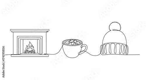 Cozy Winter Essentials Fireplace, Hot Cocoa, and Knit Cap in Continuous Line Art for a Warm Holiday Vibe, Simple and Chic