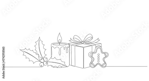 A festive Christmas composition drawn in a single continuous line, featuring a lit candle, a wrapped gift box, holly, and a gingerbread cookie