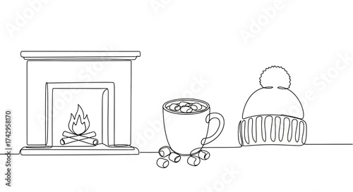 Cozy Winter Essentials Line Drawing of a Fireplace, Hot Cocoa, and a Winter Hat to Create a Warm and Inviting Atmosphere for the Season