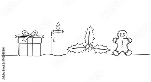 Continuous line art illustration depicting quintessential winter holiday symbols a wrapped gift, a flickering candle, festive holly, and a cheerful gingerbread man, ideal for seasonal designs