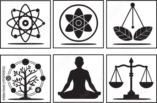 Flat black silhouette icon set of neuro technlogy for health meditation