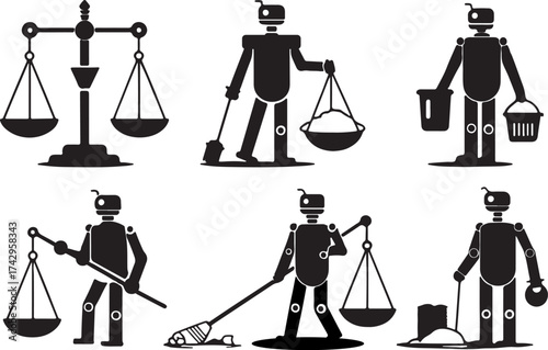 Flat black silhouette icon set of ocean plastic robots cleanup