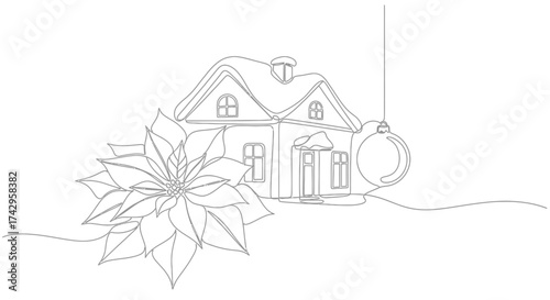 Single continuous line drawing of a charming house decorated for the holidays with a festive poinsettia and Christmas ornament, evoking winter cheer and seasonal celebration