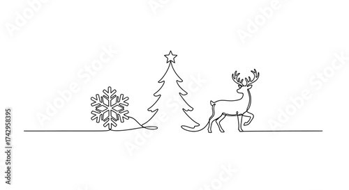Minimalist single line drawing of a reindeer pulling a Christmas tree and a snowflake, symbolizing winter holidays and festive celebrations with a touch of nature