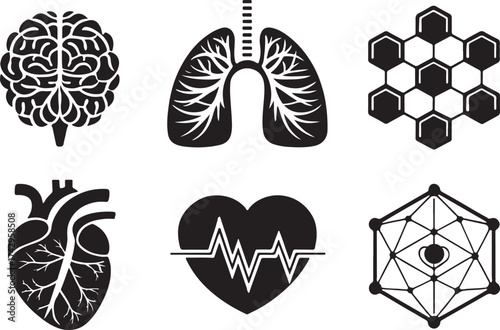 Flat black silhouette icon set of printed organs symbols
