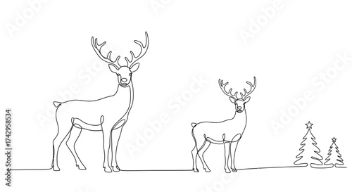 Minimalist continuous line drawing of two deer with antlers and a row of stylized fir trees on a white background, evoking a serene winter woodland scene