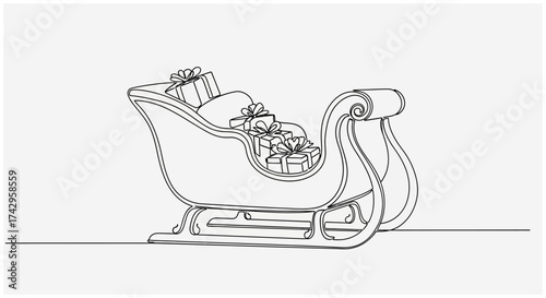 Elegant continuous line drawing of a festive Christmas sleigh overflowing with beautifully wrapped gifts, perfect for holiday season promotions and designs