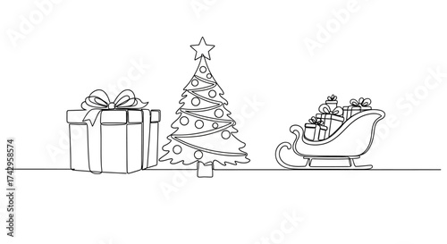 Continuous line art illustration of iconic winter holiday elements a festive Christmas tree, a wrapped gift, and a sleigh brimming with presents, perfect for seasonal joy