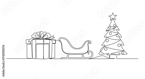 Minimalist continuous line drawing of a festive Christmas tree, a gift box, and a sleigh, representing holiday celebration and gift-giving