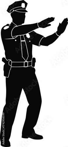 Police officer silhouette directing traffic stop gesturing authority law enforcement security duty vector