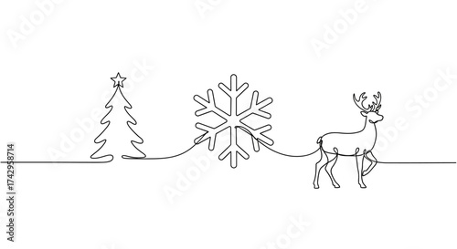Festive continuous line art Christmas tree, snowflake, and reindeer illustration in a minimalist single line drawing design