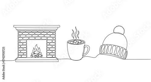 Minimalist single line art illustration of cozy winter essentials, including a warm fireplace, a hot drink in a mug, and a soft knit hat