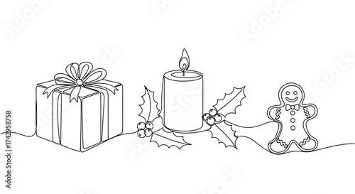 A minimalist one-line illustration capturing the essence of the holiday season with a gift, a warm candle, festive holly, and a happy gingerbread man
