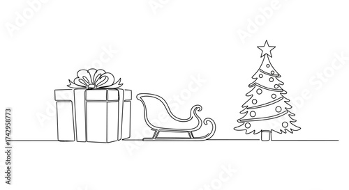 Simple line art illustration of a Christmas gift, Santa's sleigh, and a decorated Christmas tree, perfect for holiday greetings and winter celebrations