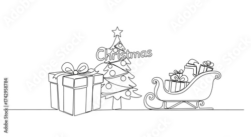 Monochrome Christmas Celebration Sleigh, Tree, and Gifts - Line Art Festive Illustration