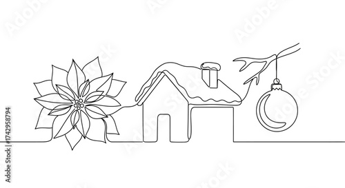 Single line drawing of a winter scene featuring a house, a Christmas ornament, and a poinsettia flower, celebrating the holidays