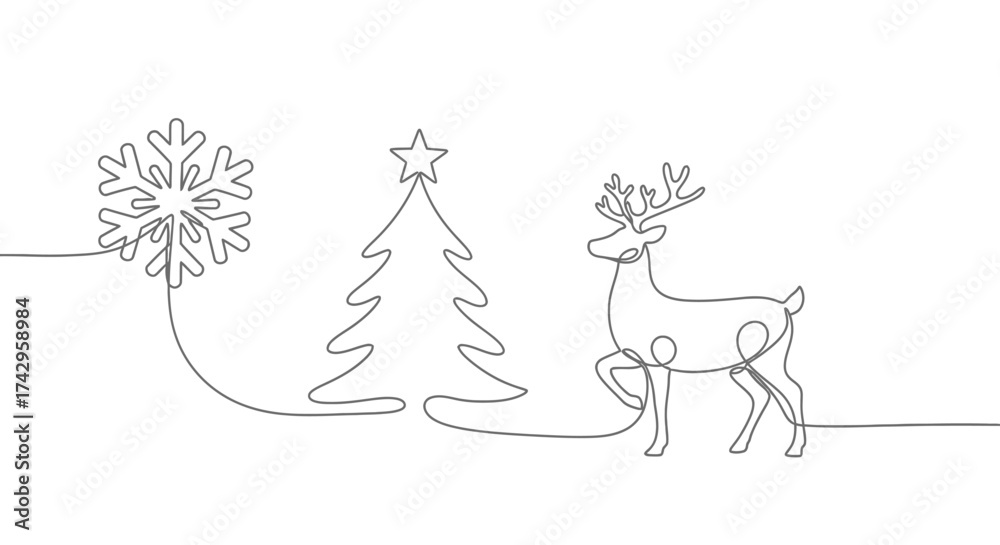 Fototapeta premium Minimalist Line Art Christmas Scene Snowflake, Tree, and Reindeer for Festive Greetings