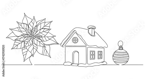 Continuous line art illustration of classic winter holiday elements a poinsettia, a snow-covered house, and a festive bauble, great for seasonal design