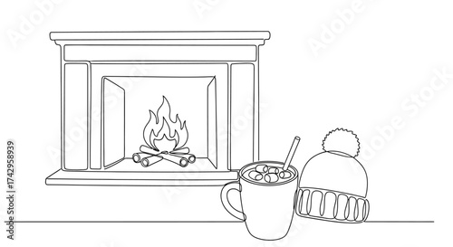 Cozy winter scene with a fireplace, warm mug, and knitted hat, evoking feelings of comfort and relaxation on a cold day