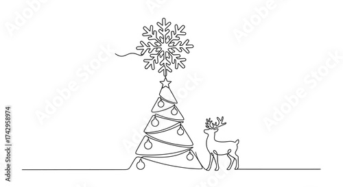 Minimalist single-line drawing of a decorated Christmas tree with a star on top and a reindeer standing beside it, evoking festive holiday spirit