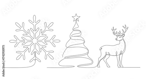 A minimalist winter holiday collection drawn in a single continuous line featuring a snowflake, a Christmas tree, and a deer