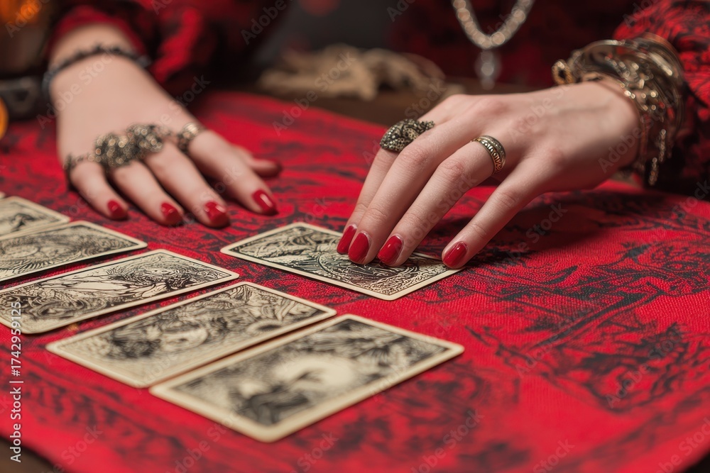 Obraz premium A fortune teller lays a tarot card on a red table