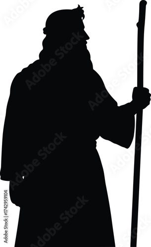 Silhouette of a wise old man with long beard holding a staff standing still mystical ancient figure vector