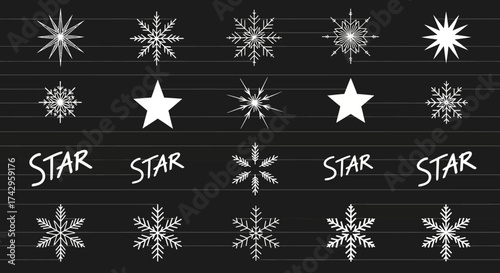 Elegant Black and White Snowflakes and Stars Collection - Winter Holiday Season Graphics for Festive Designs