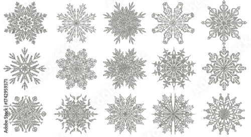 Monochrome collection of geometric snowflake patterns. An ornate and detailed set of ice crystal icons for festive seasonal holiday graphics