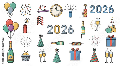 Festive New Year 2026 Icon Set Balloons, Fireworks, Champagne, and Celebration Elements for the Upcoming Year