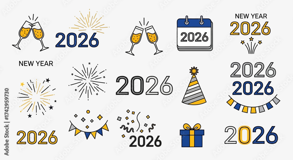 Fototapeta premium Collection of festive icons for the New Year 2026 celebration, featuring fireworks, champagne toasts, and party hats in a modern line art style
