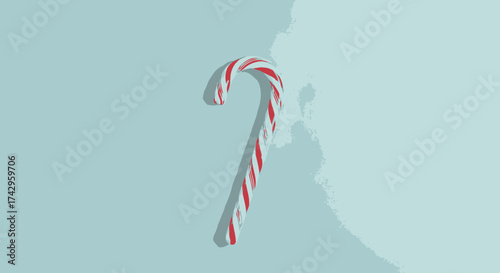 A classic red and white striped candy cane with a subtle shadow against a muted light blue background, symbolizing winter holidays and sweet treats