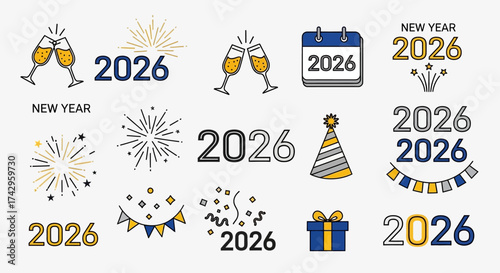 Collection of festive icons for the New Year 2026 celebration, featuring fireworks, champagne toasts, and party hats in a modern line art style