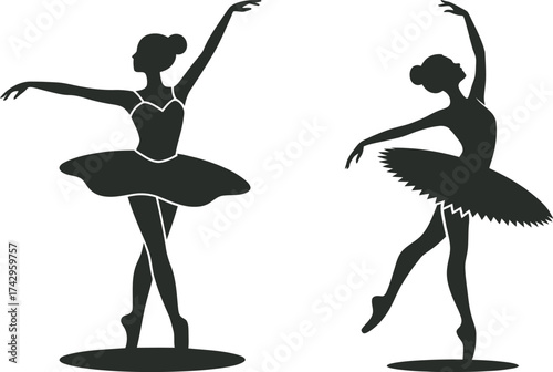 Two silhouettes of ballerinas in tutus performing ballet poses