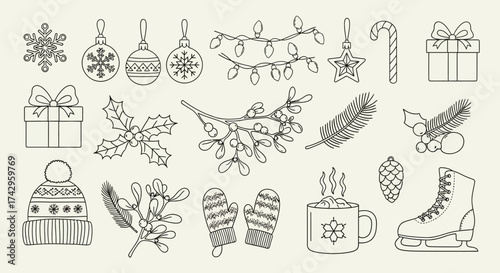 Wallpaper Mural Festive Winter Holiday Decorations Collection of Christmas Ornaments, Gifts, Plants, and Accessories - Vector Line Art Torontodigital.ca