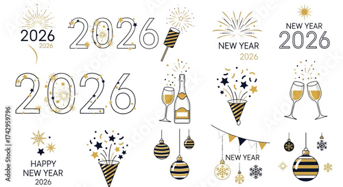 Vector graphic set with various celebratory symbols for New Year 2026, showcasing fireworks, festive decorations, and champagne toasts on a clean background
