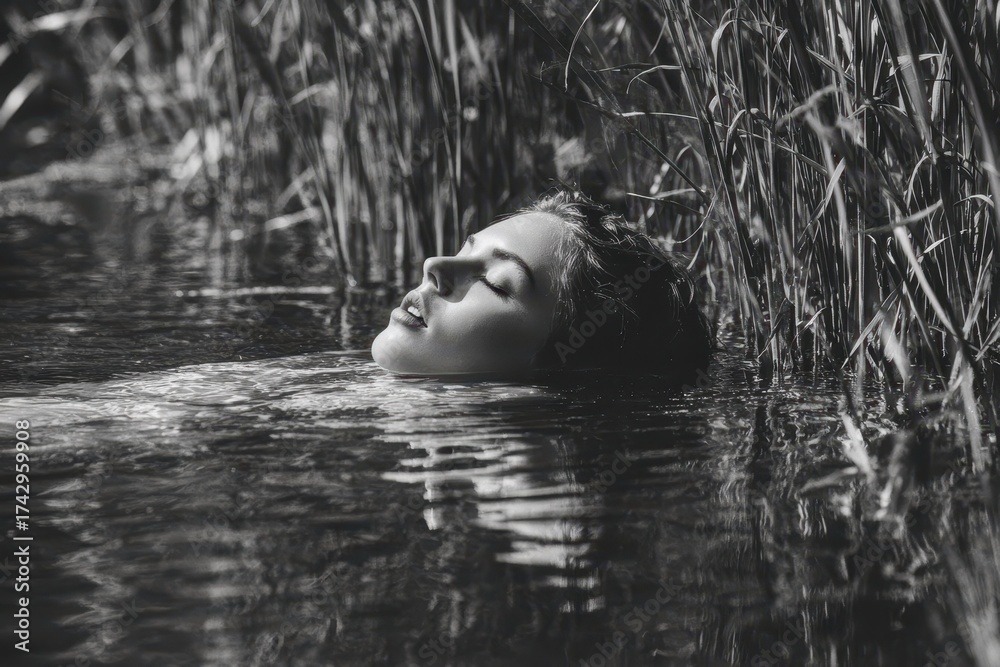 Fototapeta premium A lovely young girl swims in a pond Monochrome image