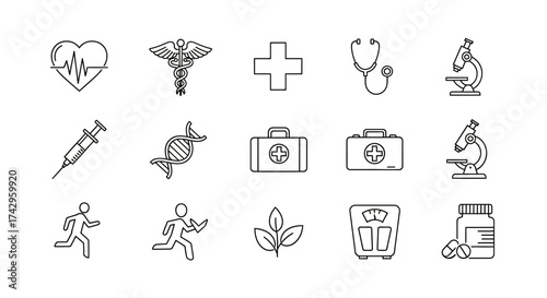 Medical Icons Set Collection of healthcare symbols, including heart, cross, stethoscope, DNA, syringe, first aid kit, scales, and pills, for design use