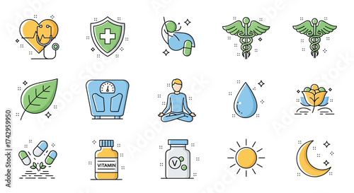 Comprehensive vector collection of modern health and wellness line icons, encompassing medical care, healthy lifestyle elements, mindful practices