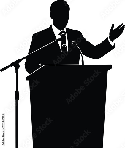 Silhouette of a man giving a speech at a podium with microphone speaker presenting business presentation public speaking event conference communication vector