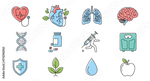 Illustrated health and medical icons set including heart, lungs, brain, DNA, medicine, syringe, scale, shield, leaf, drop, and apple